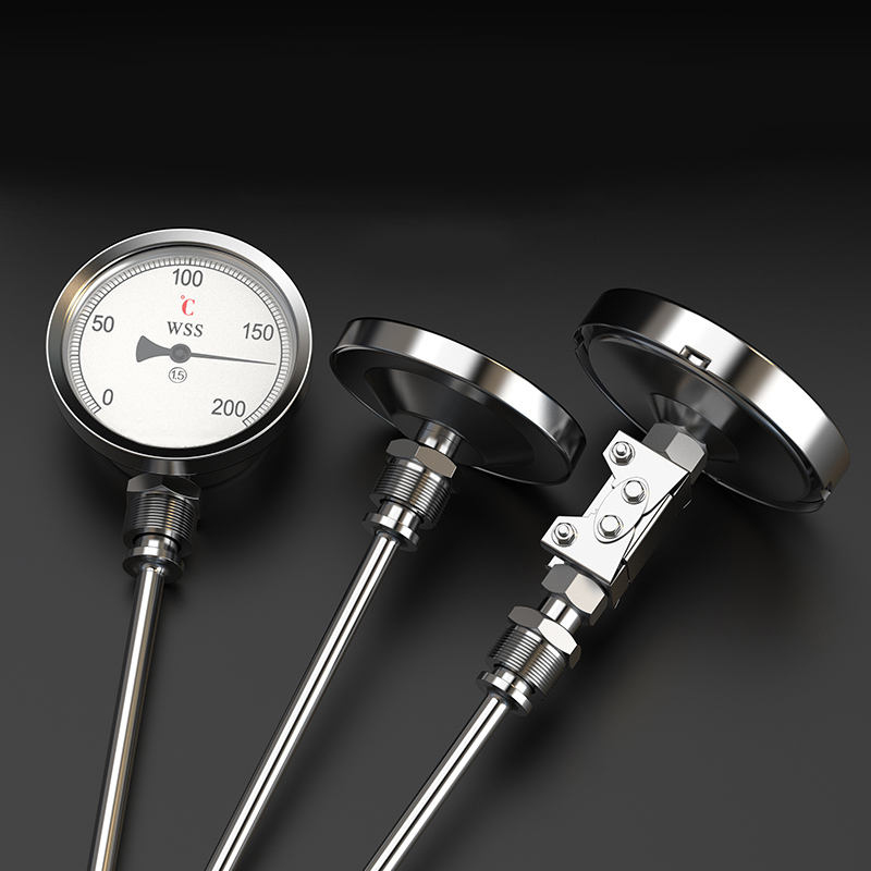 Pang-industriya na axial-radial type custom na haba 1/2 thread 304 stainless steel 1.6 precision pointer-type bimetallic thermometer