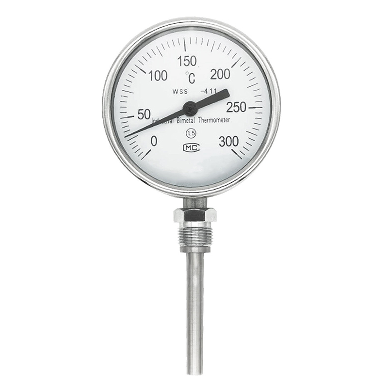 Pang-industriya na axial-radial type custom na haba 1/2 thread 304 stainless steel 1.6 precision pointer-type bimetallic thermometer