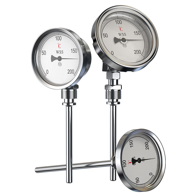 Pang-industriya na axial-radial type custom na haba 1/2 thread 304 stainless steel 1.6 precision pointer-type bimetallic thermometer