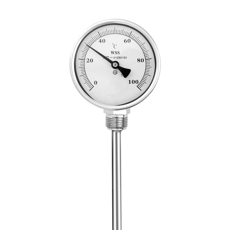 Pang-industriya na axial-radial type custom na haba 1/2 thread 304 stainless steel 1.6 precision pointer-type bimetallic thermometer
